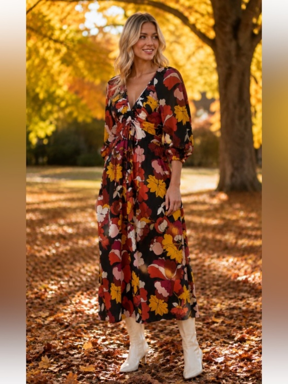 Maeve by Anthropologie Deep V Ruched Midi Dress in Black Floral spring
